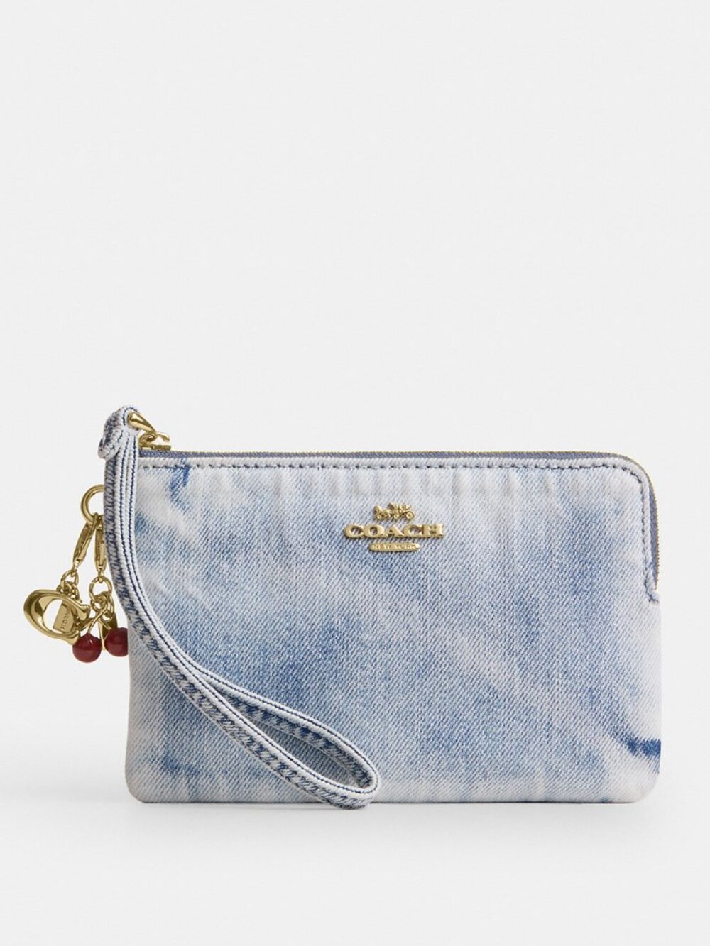 Coach Corner Zip Wristlet In Loved Denim With Charms